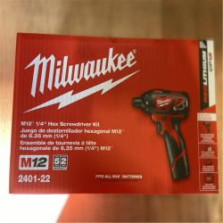 NEW! - Milwaukee M12 12V Lithium-Ion Cordless 1/4 in. Hex Screwdriver Kit with Two 1.5Ah Batteries  Charger and Tool Bag - 6 UNITS