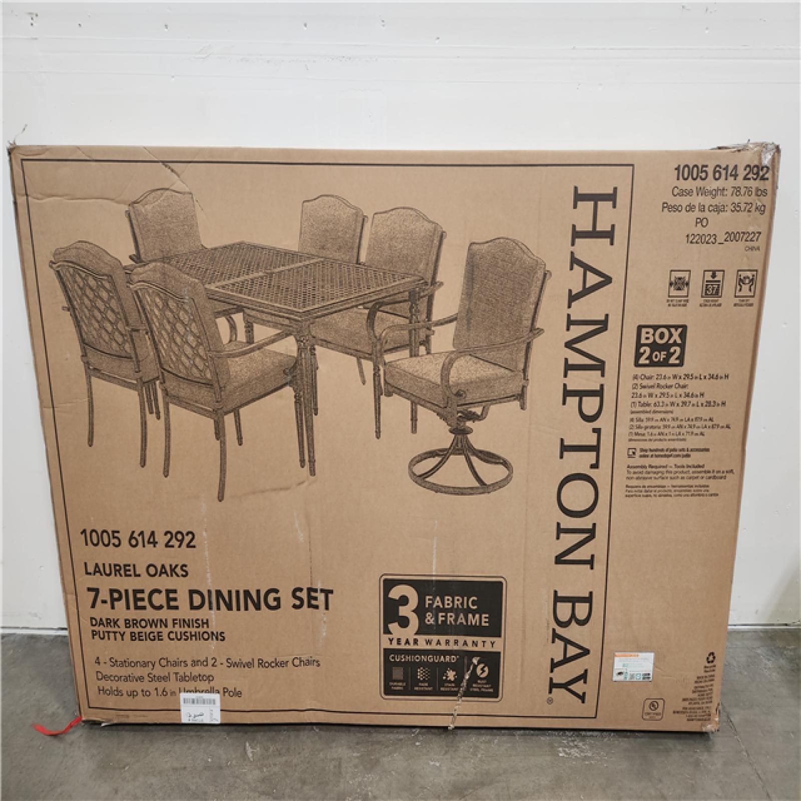 Phoenix Location NEW Hampton Bay Laurel Oaks 7-Piece Brown Steel Outdoor Patio Dining Set with CushionGuard Putty Tan Cushions