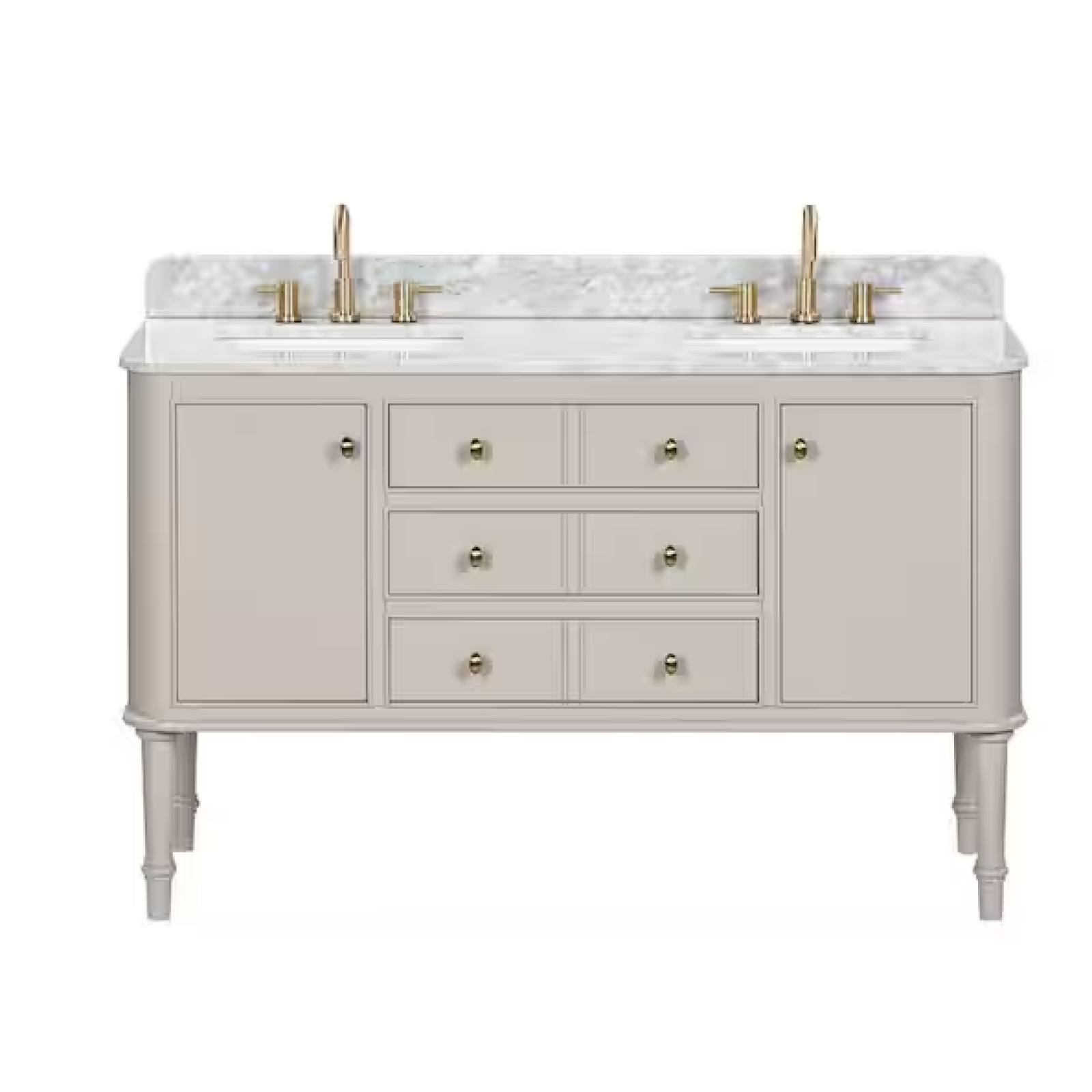 DALLAS LOCATION- Home Decorators Collection Collette 60 in. Double Sink Greige Bath Vanity with White Carrara Marble Top (Assembled)