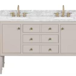DALLAS LOCATION- Home Decorators Collection Collette 60 in. Double Sink Greige Bath Vanity with White Carrara Marble Top (Assembled)