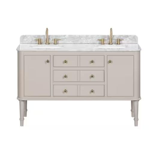DALLAS LOCATION- Home Decorators Collection Collette 60 in. Double Sink Greige Bath Vanity with White Carrara Marble Top (Assembled)