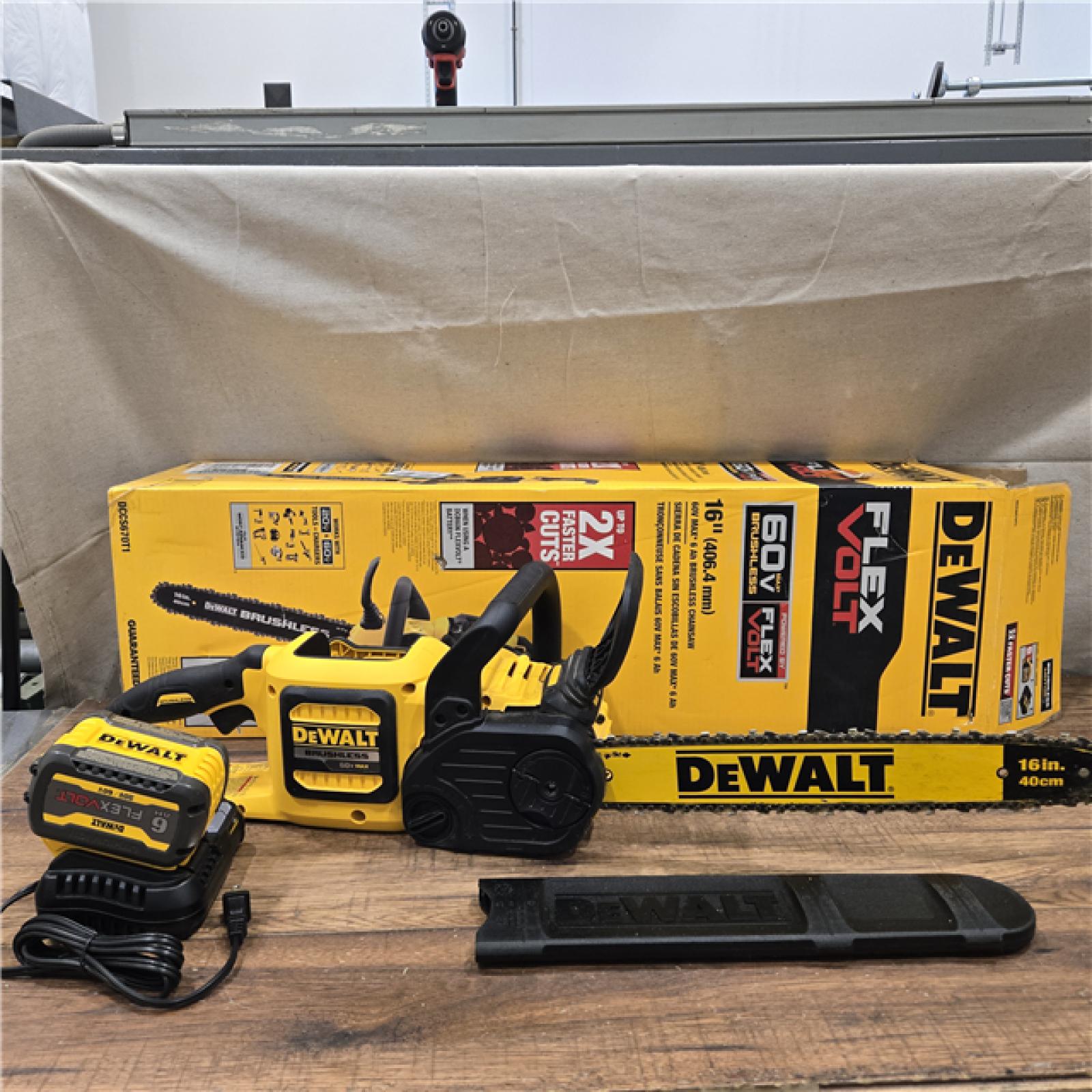 AS-IS DEWALT  FLEXVOLT 60V MAX 16in. Brushless Cordless Battery Powered Chainsaw Kit with (1) FLEXVOLT 2 Ah Battery & Charger