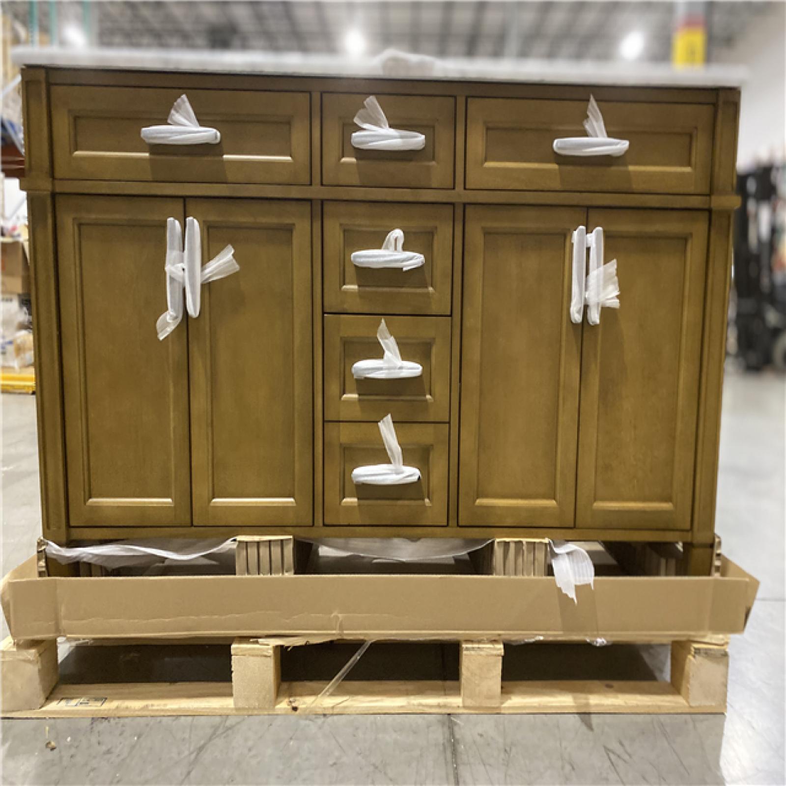 DALLAS LOCATION - Home Decorators Collection Caville 60 in. Double Sink Almond Latte Bath Vanity with Carrara Marble Top and Integrated Power Outlet (Assembled)
