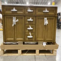 DALLAS LOCATION - Home Decorators Collection Caville 60 in. Double Sink Almond Latte Bath Vanity with Carrara Marble Top and Integrated Power Outlet (Assembled)