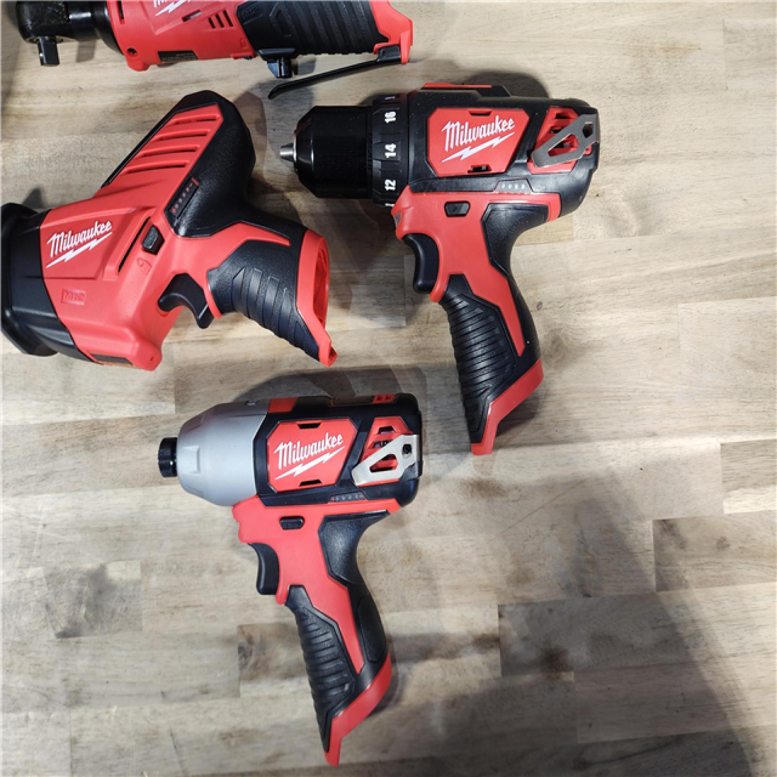 HOUSTON LOCATION - AS-IS (APPEARS LIKE NEW) MILWAUKEE M12 12V Lithium-Ion Cordless Combo Kit (5-Tool) with Two 1.5Ah Batteries, Charger & Tool Bag