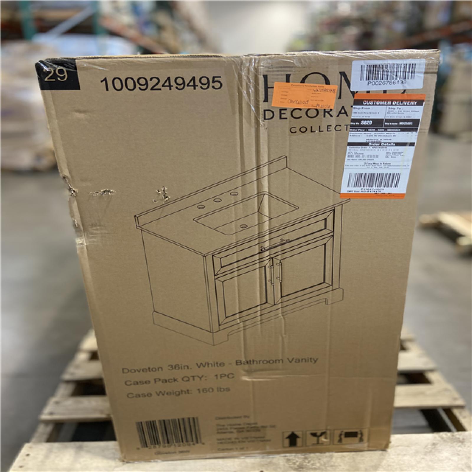 DALLAS LOCATION - Home Decorators Collection Doveton 36 in. Single Sink Freestanding White Bath Vanity with White Engineered Marble Top (Assembled)