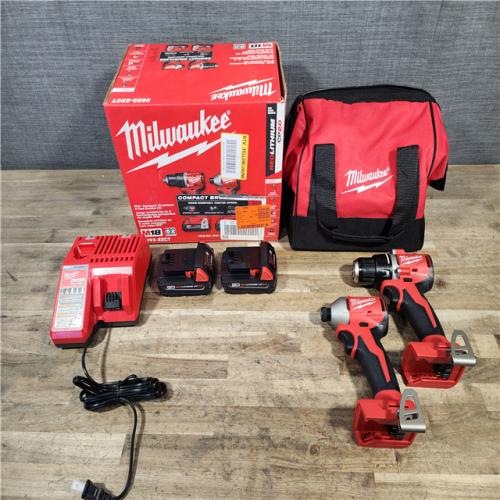 HOUSTON LOCATION - AS-IS Milwaukee M18 18V Lithium-Ion Brushless Cordless Compact Drill/Impact Combo Kit (2-Tool) W/(2) 2.0 Ah Batteries  Charger & Bag
