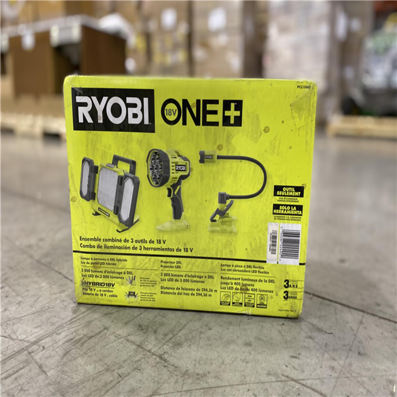 RYOBI ONE+ 18V 3-Tool Lighting Kit with Hybrid Panel Light, Spotlight and Flexible Clamp Light (Tools Only)