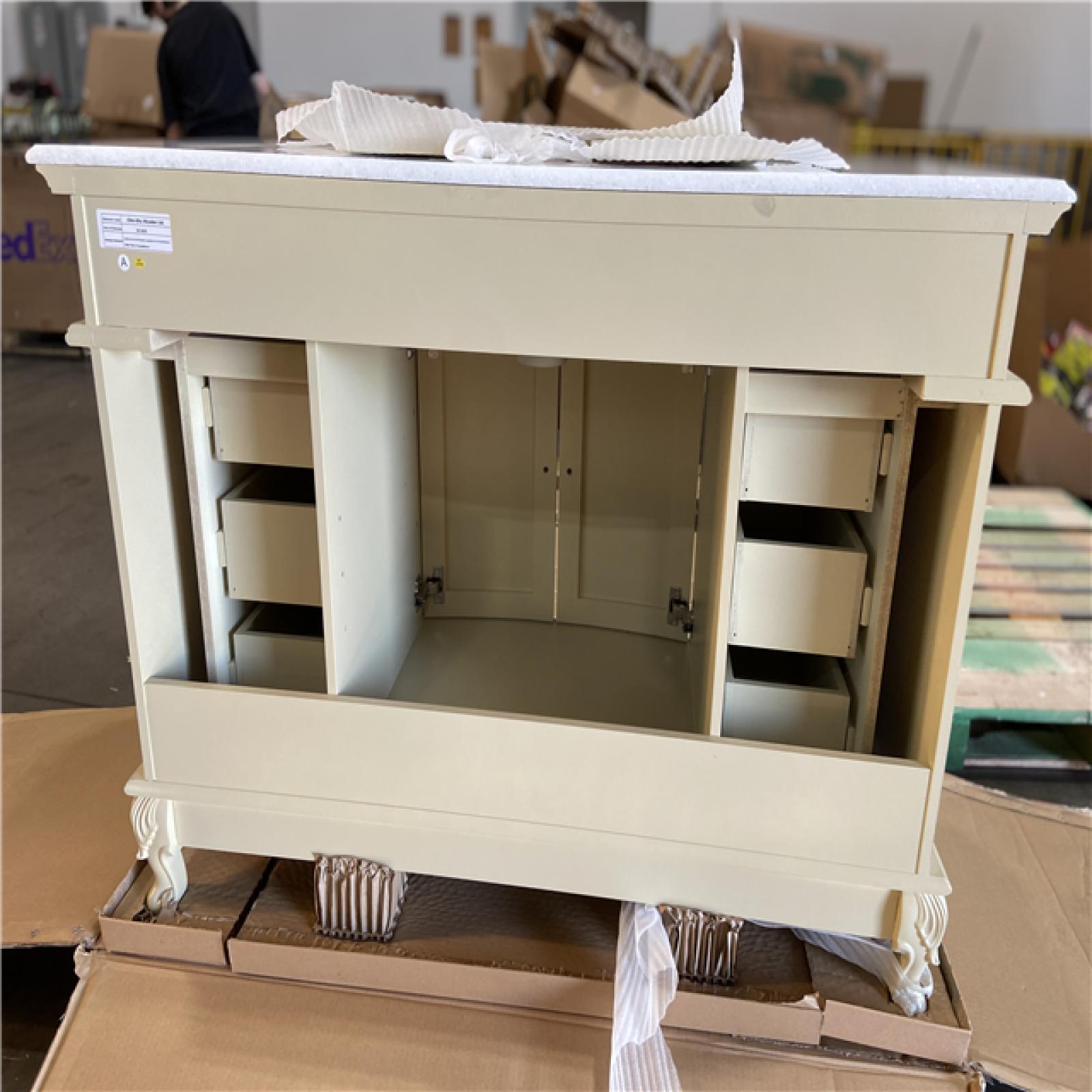 DALLAS LOCATION - Home Decorators Collection Winslow 48 in. W x 22 in. D x 35 in. H Single Sink Freestanding Bath Vanity in Antique White with White Marble Top
