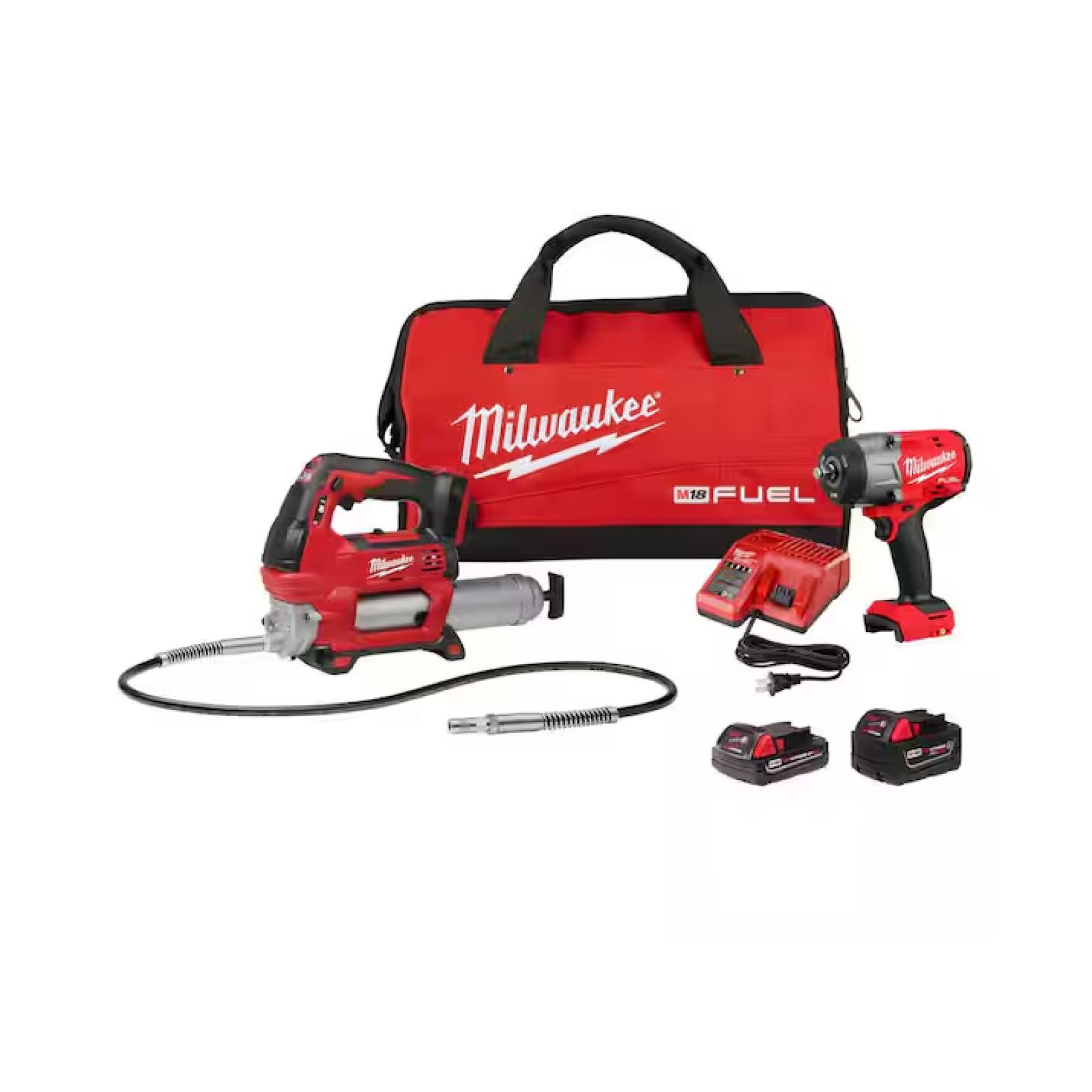 AS-IS Milwaukee M18 FUEL 18V Lithium-Ion Brushless Cordless High Torque 1/2 in. Impact Wrench w/ Friction Ring & Grease Gun Combo Kit