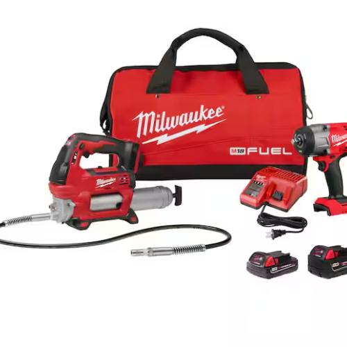 AS-IS Milwaukee M18 FUEL 18V Lithium-Ion Brushless Cordless High Torque 1/2 in. Impact Wrench w/ Friction Ring & Grease Gun Combo Kit