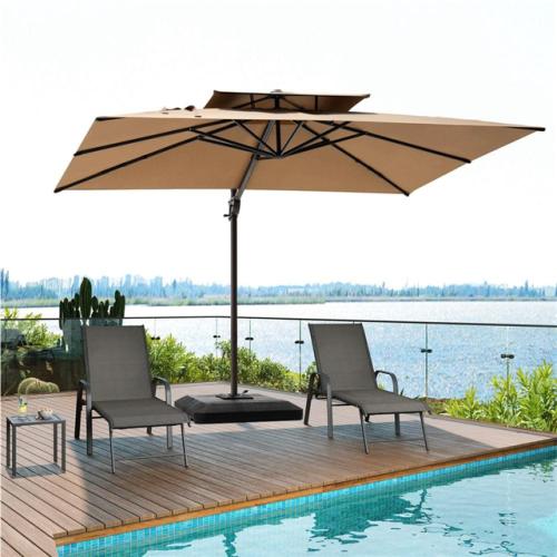 Phoenix NEW Pellebant 11.5 ft. x 9 ft. Double Top Aluminum Offset 360° Rotation Cantilever Patio Umbrella in Tan with 350 lbs. Weighted Base