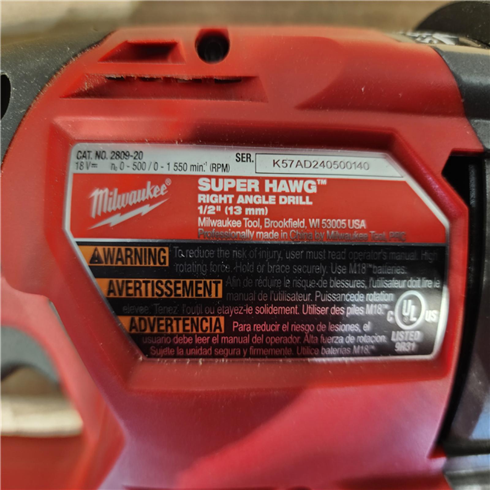 HOUSTON LOCATION - AS-IS Milwaukee FUEL 18V Lithium-Ion Brushless Cordless GEN 2 SUPER HAWG 1/2 in. Right Angle Drill (Tool-Only)
