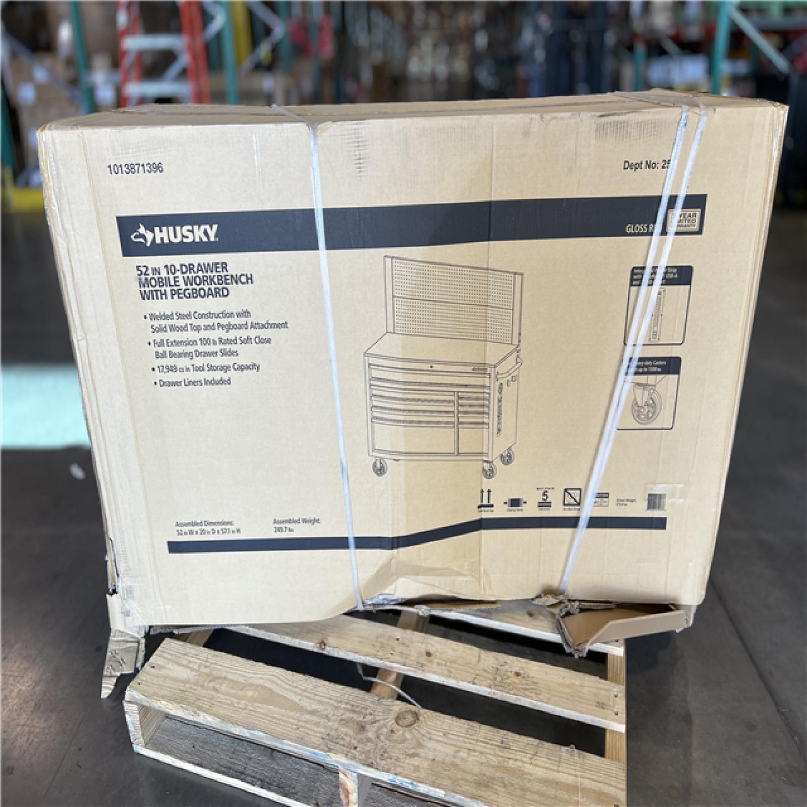 DALLAS LOCATION - AS-IS Husky 52 in. W 10-Drawer Gloss Red Mobile Workbench Cabinet with Solid Wood Top and Pegboard