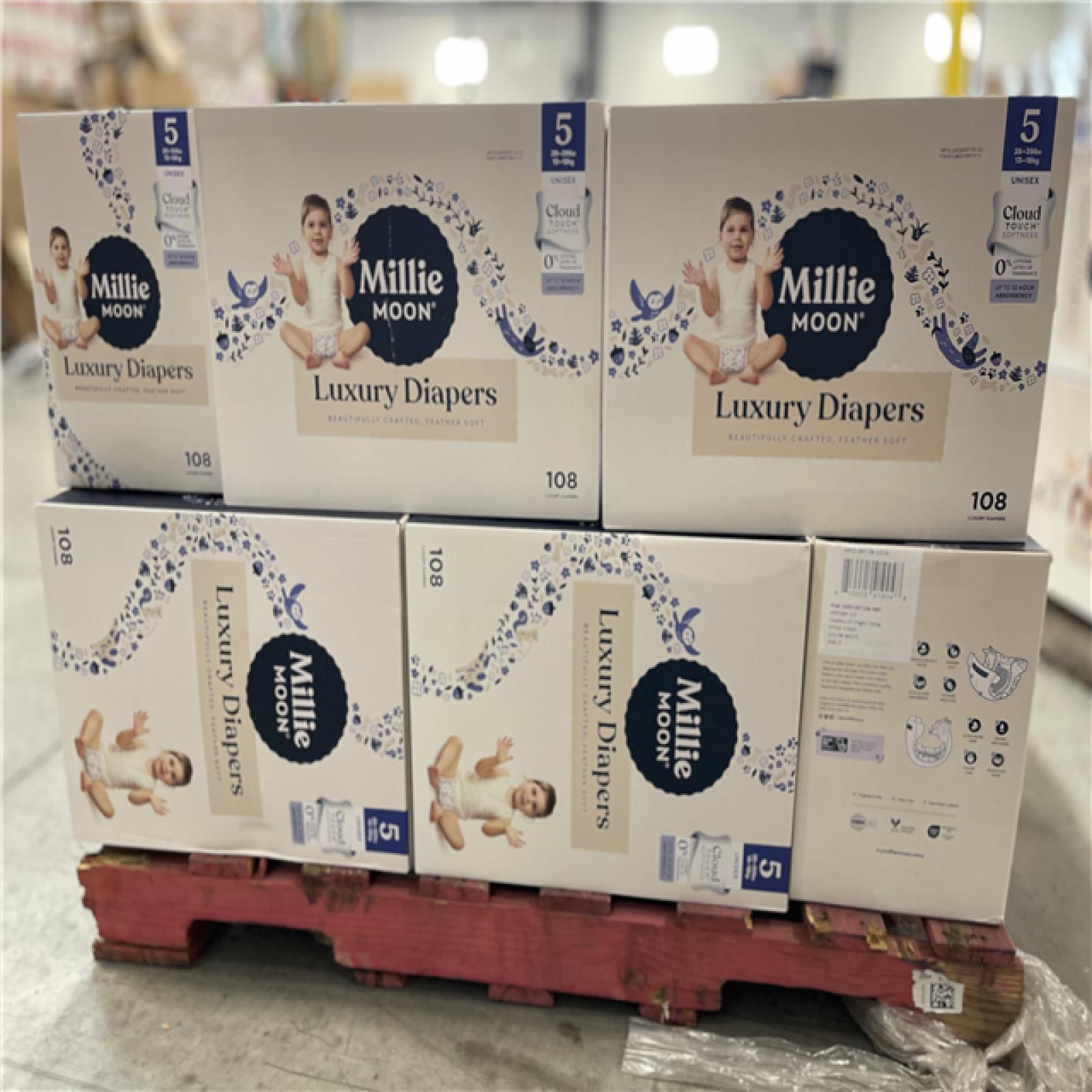 DALLAS LOCATION - Millie Moon Luxury Disposable Diapers - Size 5 - 108ct PALLET-(20 CASES)