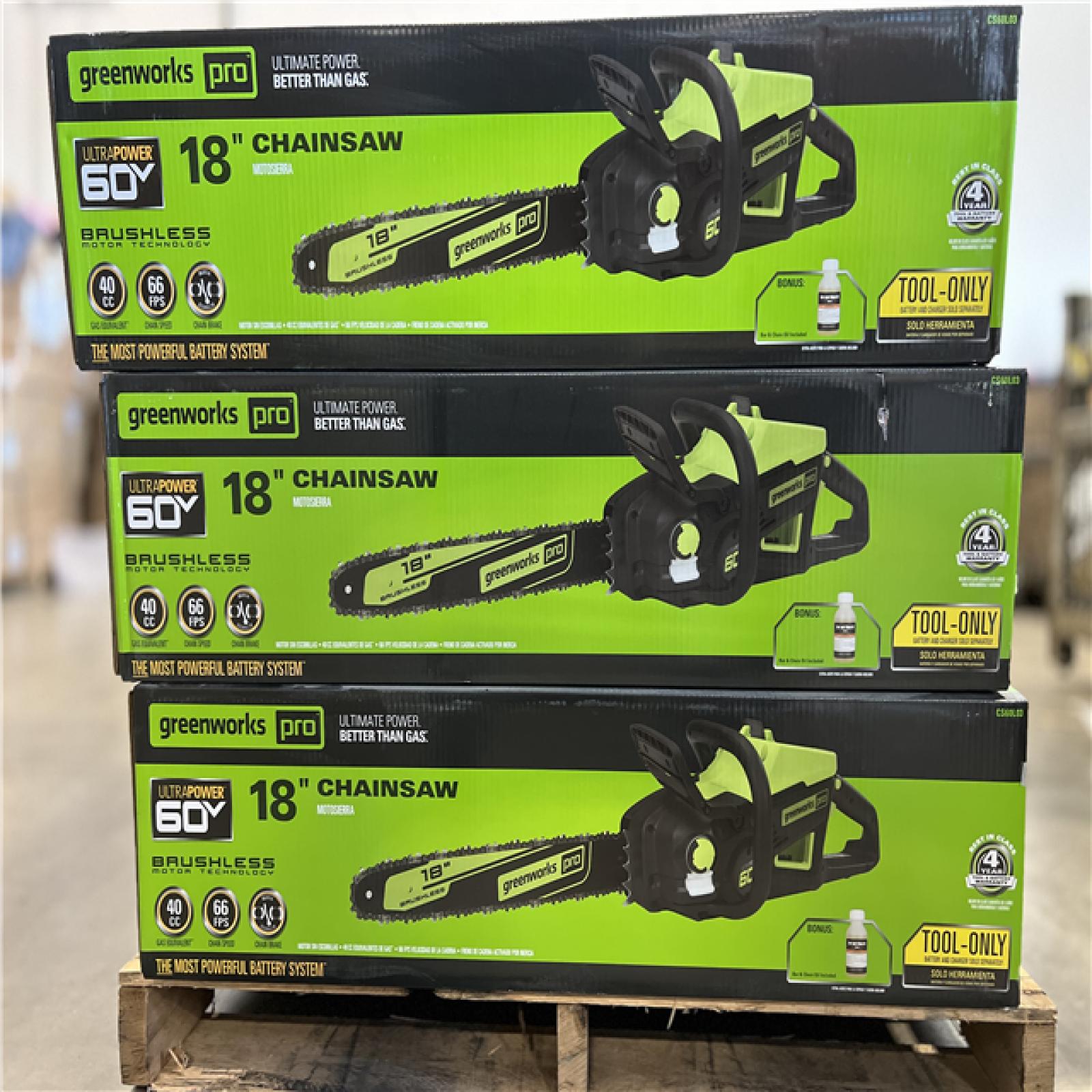 DALLAS LOCATION - Greenworks 18 in. 60V Cordless Chainsaw, Battery and Charger Not Included PALLET -(15 UNITS)