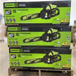 DALLAS LOCATION - Greenworks 18 in. 60V Cordless Chainsaw, Battery and Charger Not Included PALLET -(15 UNITS)