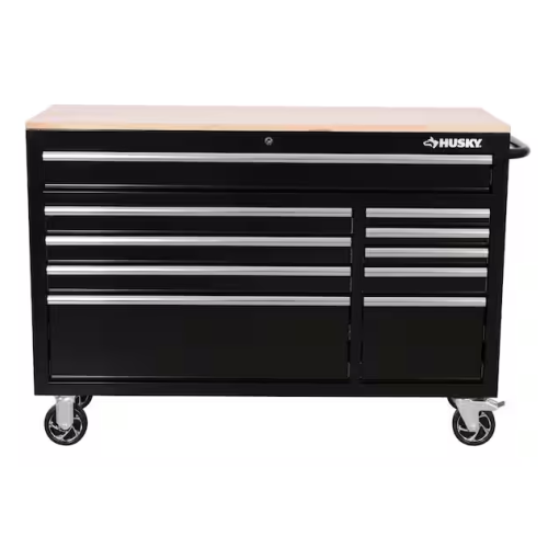 DALLAS LOCATION- AS-IS HUSKY 52 in. W x 20 in. 10 Drawer Mobile Workbench Gloss Black/Wood Top PALLET (2 UNITS)