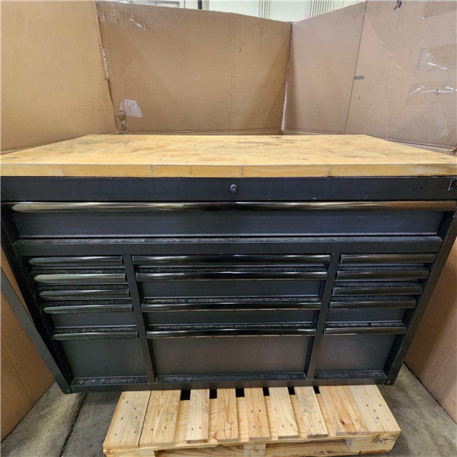 Phoenix AS-IS Husky 61 in. W x 23 in. D Heavy Duty 15-Drawer Mobile Workbench Tool Chest with Solid Wood Top in Matte Black