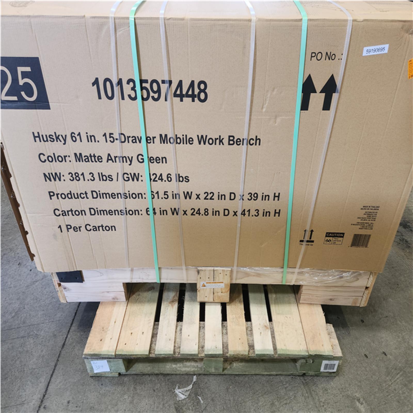 Phoenix NEW Husky Heavy Duty 61 in. W x 22 in. D 15-Drawer Matte Army Green Mobile Workbench Cabinet with Solid Wood Top