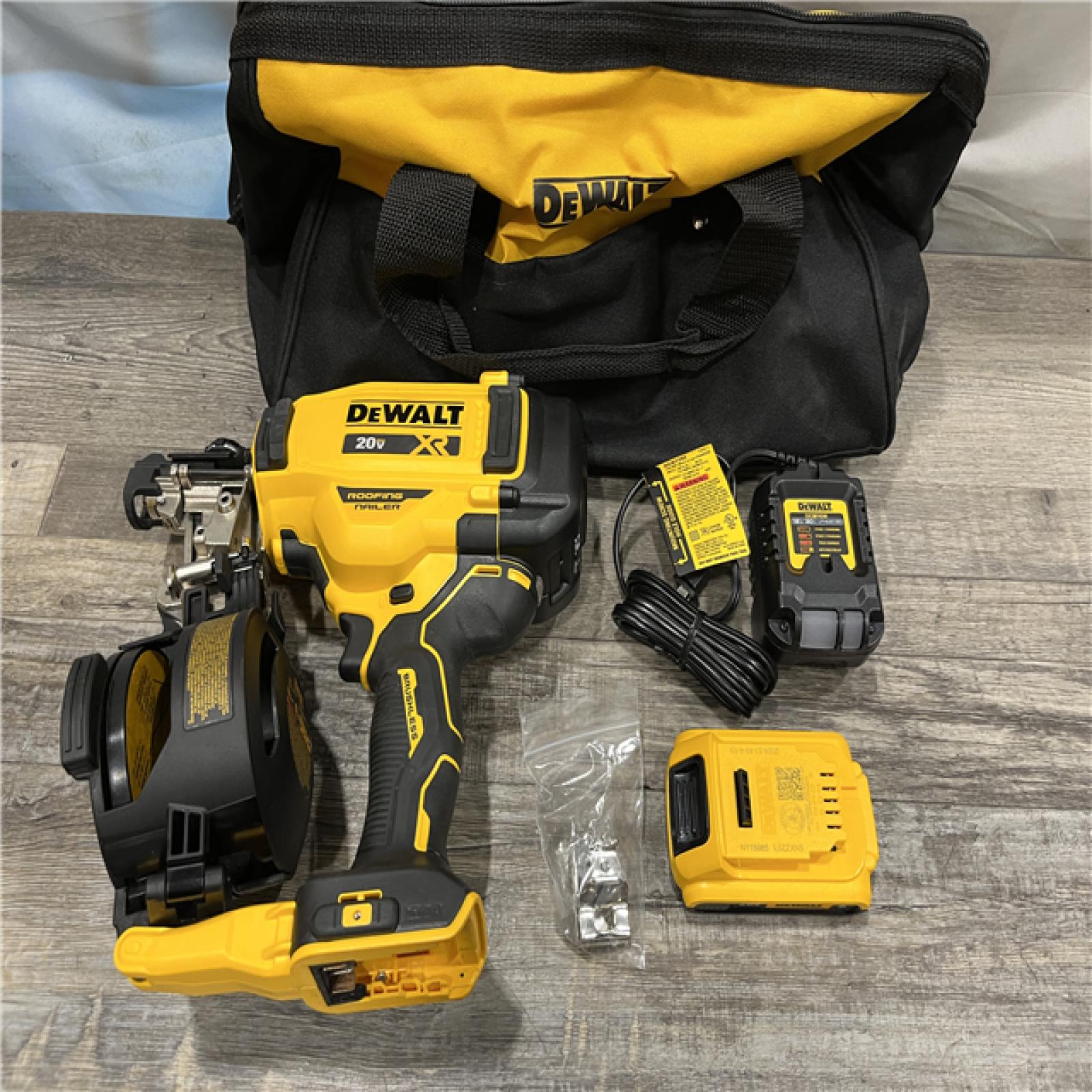 AS-IS DEWALT 20V MAX Lithium-Ion 15-Degree Electric Cordless Roofing Nailer Kit