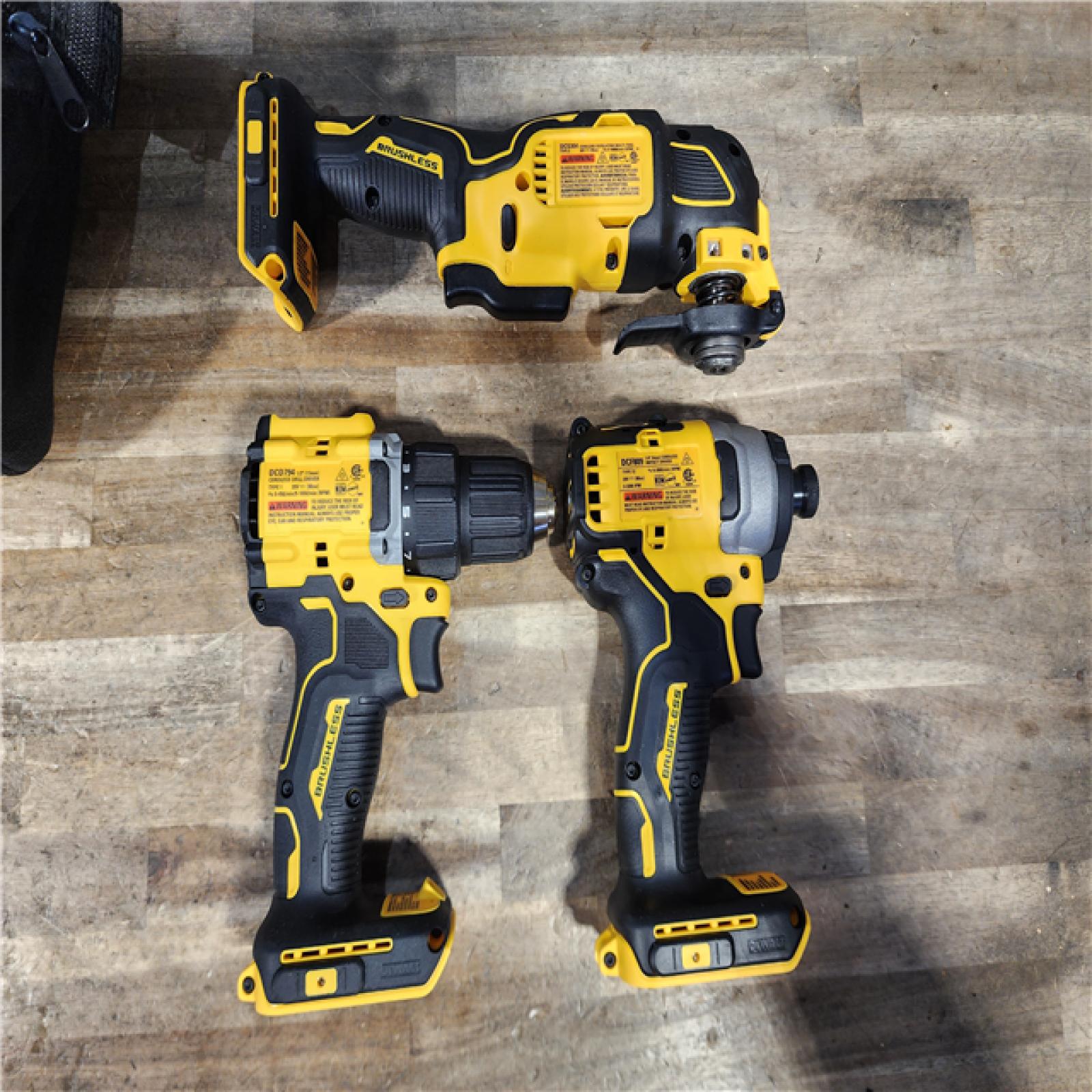 HOUSTON LOCATION - AS-IS DEWALT ATOMIC 20V MAX Cordless Brushless 3 Tool Combo Kit  (2) 2.0Ah Batteries  Charger  and Bag