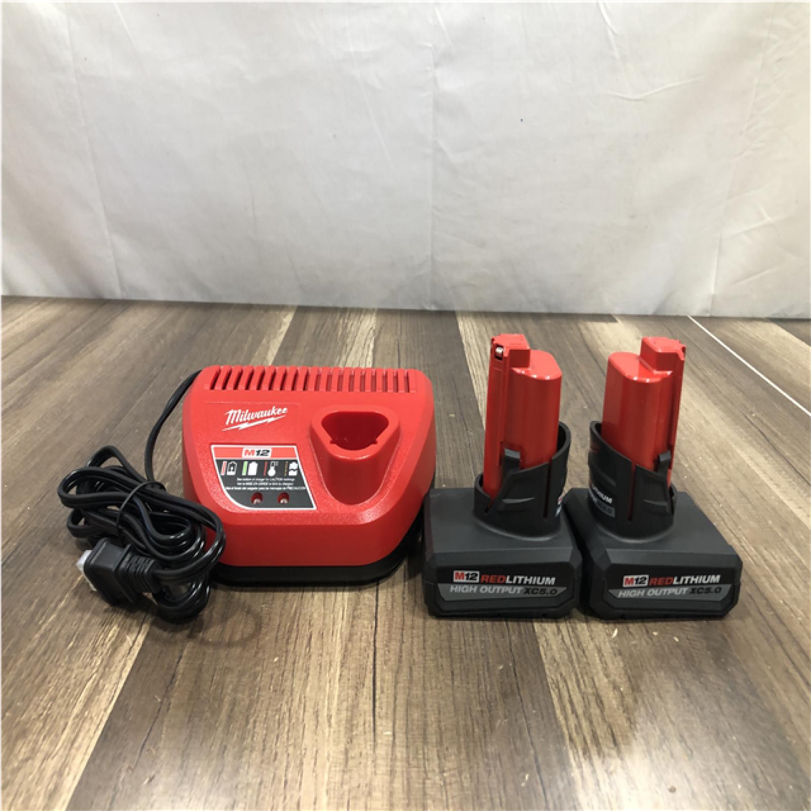 AS-IS Milwaukee 12V Lithium-Ion XC High Output 5.0 Ah Battery Pack (2-Pack) Starter Kit with Charger