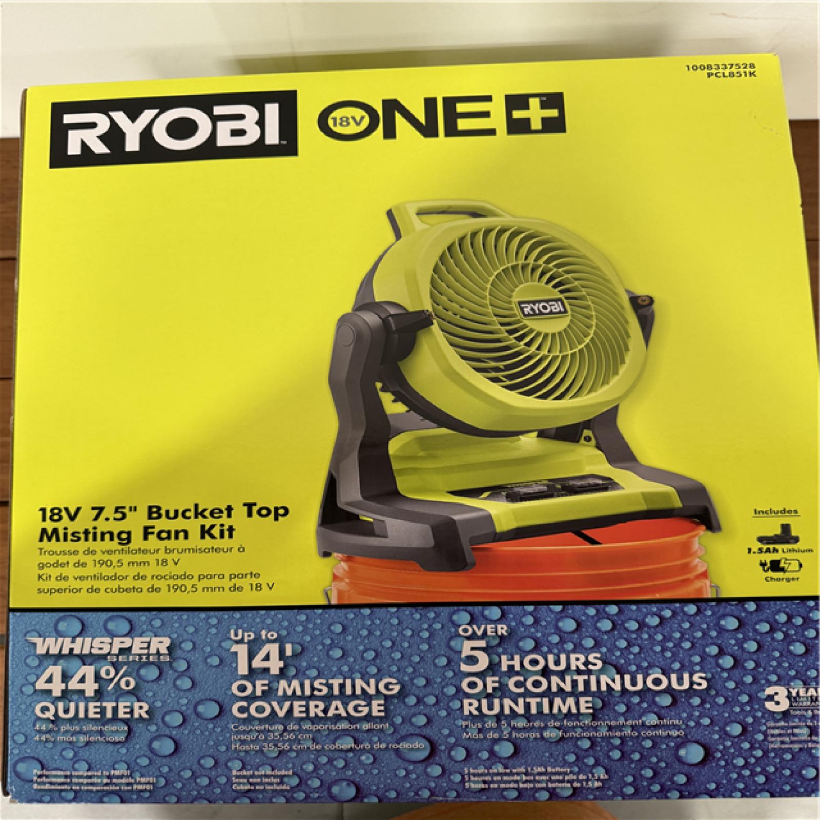 California New Ryobi 18V 7'5 Bucket Top Misting Fan Kit includes (1) Battery & Charger