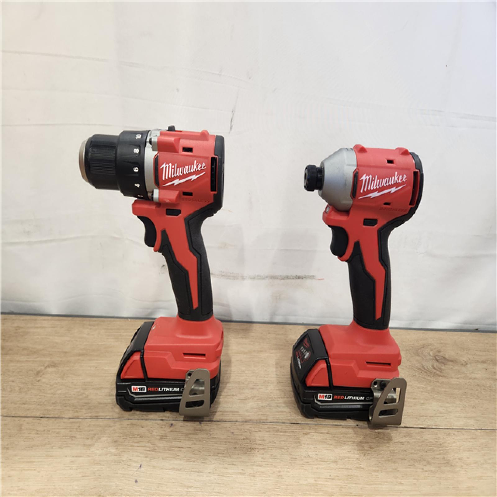 AS-IS- Milwaukee M18 18V Lithium-Ion Brushless Cordless Compact Drill/Impact Combo Kit (2-Tool) W/(2) 2.0 Ah Batteries  Charger & Bag