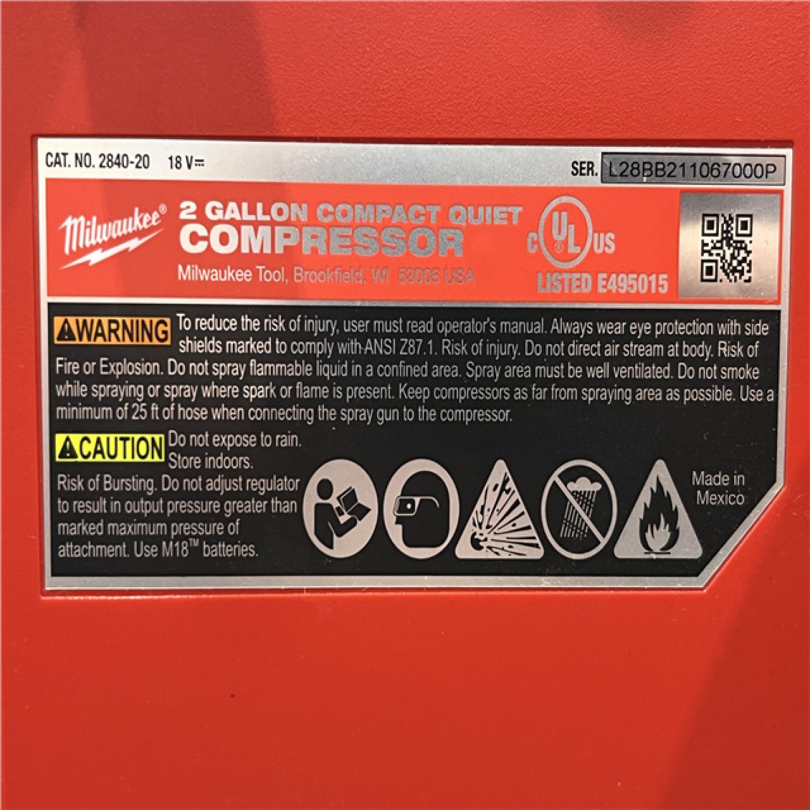AS-IS Milwaukee FUEL 18-Volt Lithium-Ion Brushless Cordless 2 Gal. Electric Compact Quiet Compressor (Tool-Only)