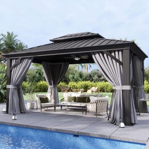 Phoenix NEW Sizzim 12 ft. W x 10 ft. D Black Aluminum Double Roof Hardtop Gazebo with Ceiling Hook  Curtains and Netting