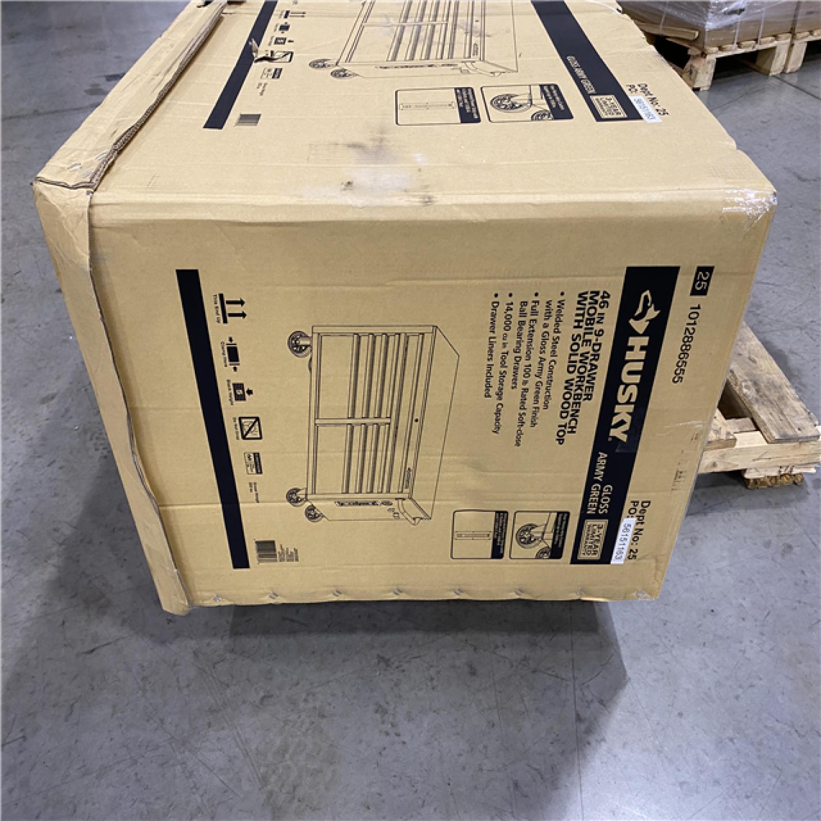 DALLAS LOCATION -Husky 46 in. W x 18.1 in. D 9-Drawer Army Green Mobile Workbench Cabinet with Solid Wood Top