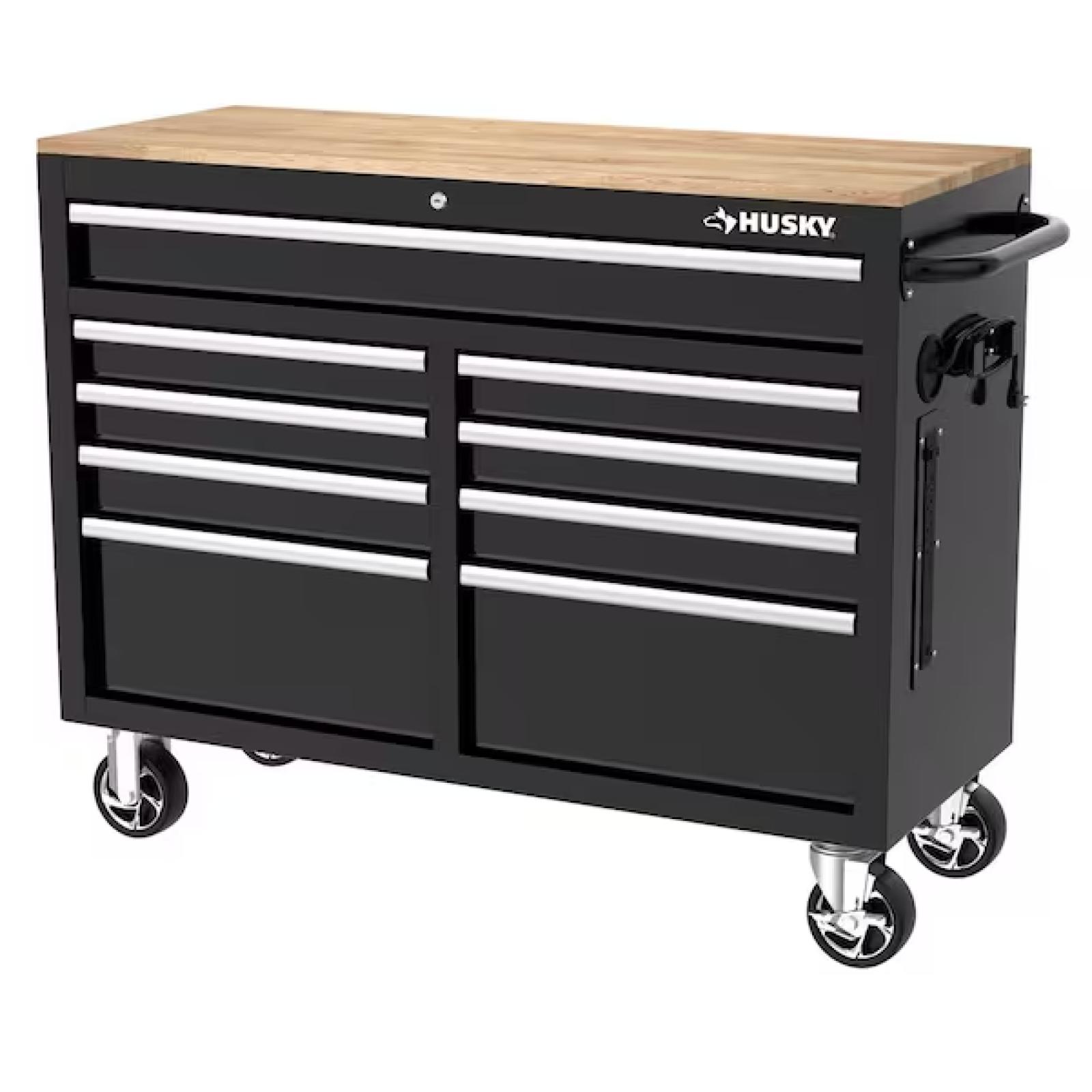 DALLAS LOCATION- HUSKY Tool Storage 46 in. W x 18 in. D 9-Drawer Mobile Workbench Cabinet in Gloss Black