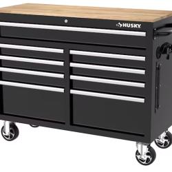 DALLAS LOCATION- HUSKY Tool Storage 46 in. W x 18 in. D 9-Drawer Mobile Workbench Cabinet in Gloss Black