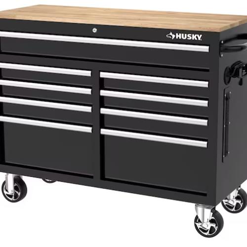 DALLAS LOCATION- HUSKY Tool Storage 46 in. W x 18 in. D 9-Drawer Mobile Workbench Cabinet in Gloss Black