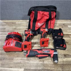 Houston Location AS-IS Milwaukee Hammer Drill Driver and Impact Driver and Right Angle Drill and Batteries QTY/2 with Charger