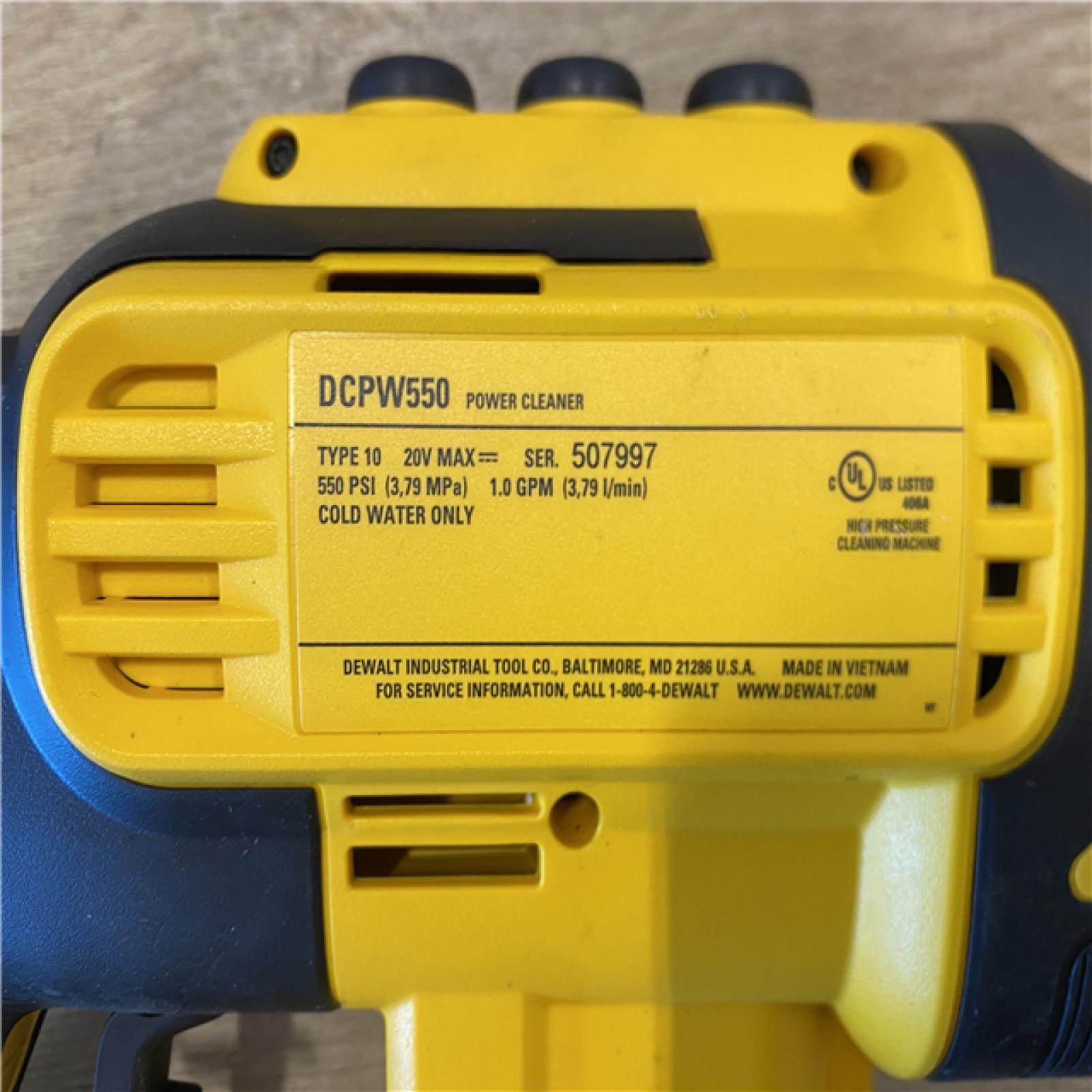 AS-IS DEWALT 20V MAX 550 PSI 1.0 GPM Cold Water Cordless Power Cleaner with 4-Nozzles (Tool Only)