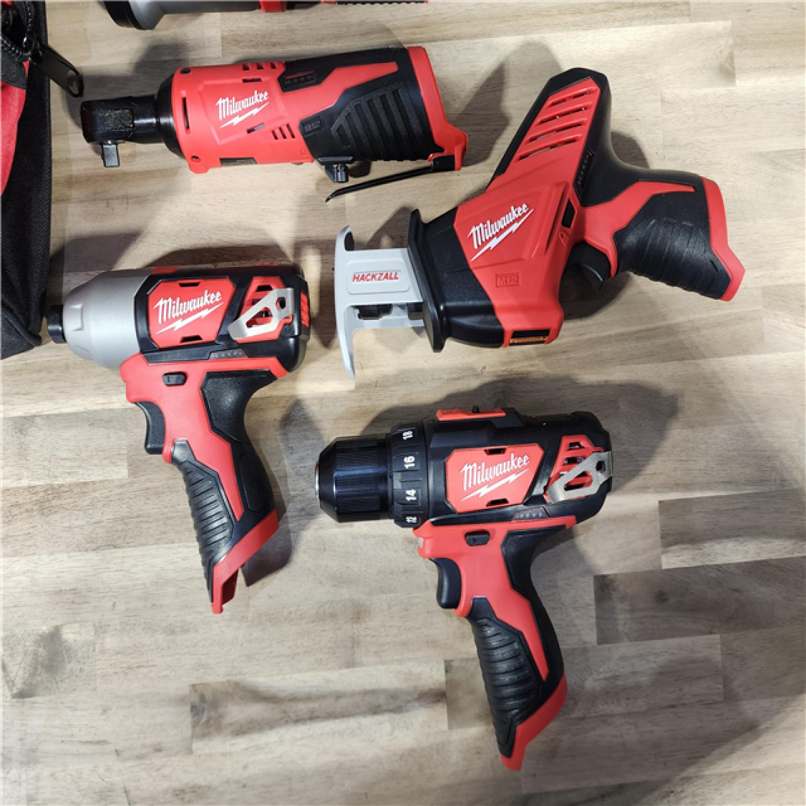 HOUSTON LOCATION - AS-IS MILWAUKEE M12 12V Lithium-Ion Cordless Combo Kit (5-Tool) with Two 1.5Ah Batteries, Charger & Tool Bag