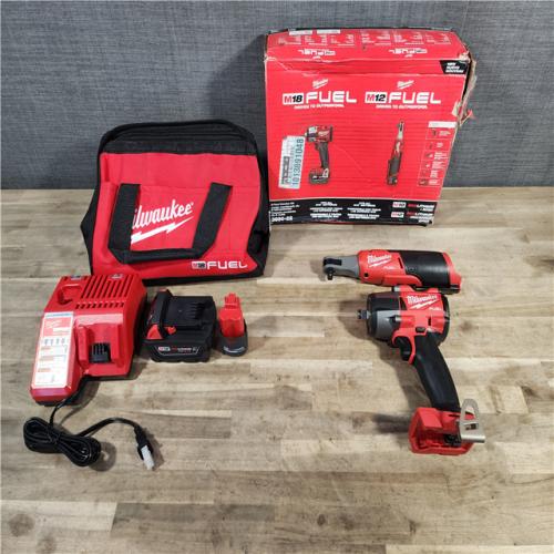 HOUSTON LOCATION - AS-IS (APPEARS LIKE NEW) M18 FUEL 18V Cordless Mid Torque 1/2 in. Impact Wrench W/ M12 FUEL 3/8 in. Ratchet & Battery/Charger Combo Kit