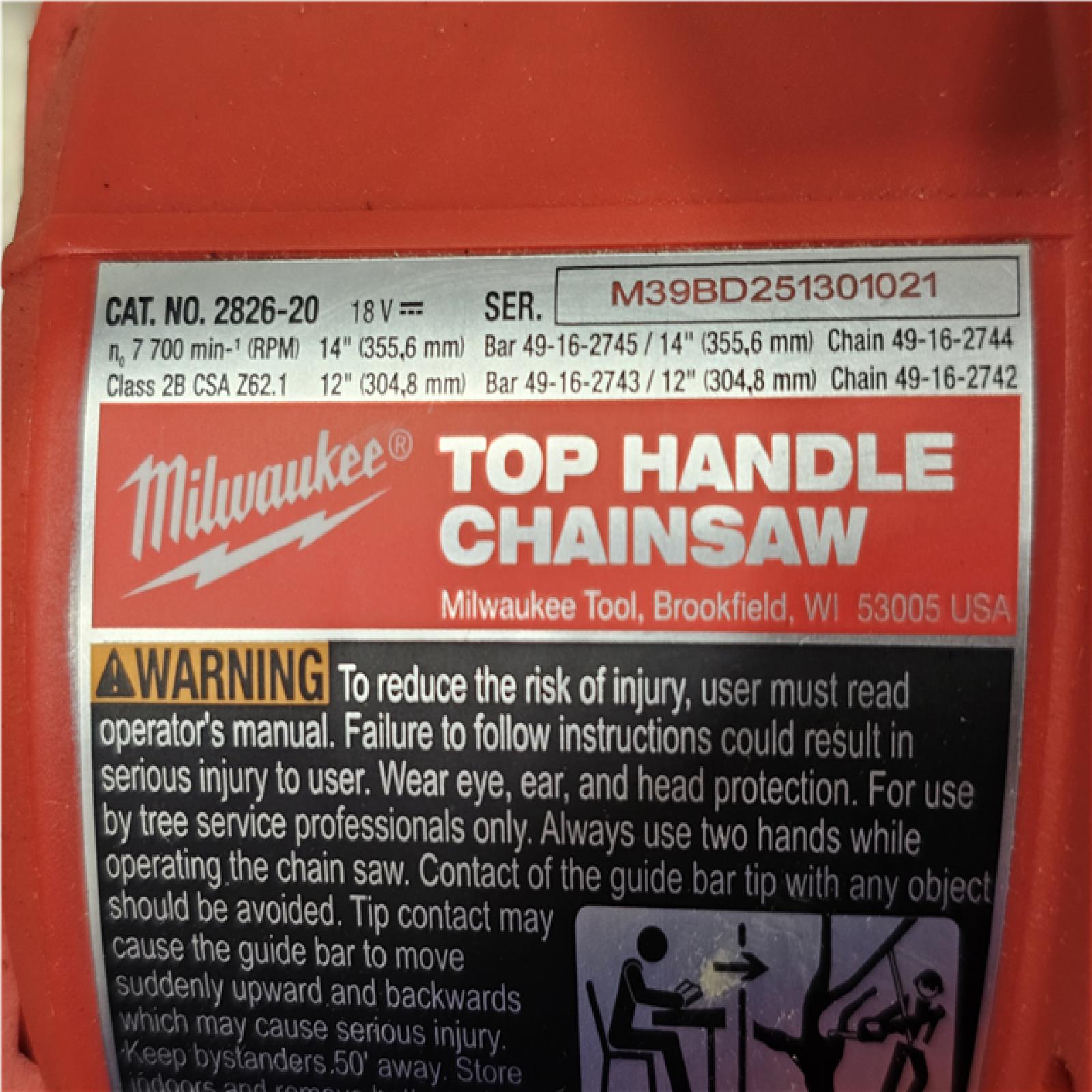 AS-IS Milwaukee FUEL 14 in. 18V Lithium-Ion Brushless Cordless Battery Top Handle Chainsaw (Tool Only)