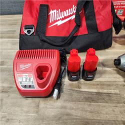 HOUSTON LOCATION - AS-IS (APPEARS LIKE NEW) MILWAUKEE M12 12V Lithium-Ion Cordless Combo Kit (5-Tool) with Two 1.5Ah Batteries, Charger & Tool Bag