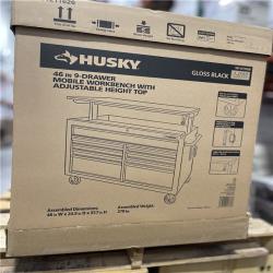DALLAS LOCATION - Husky 46 in. x 25 in. D 9-Drawer Mobile Workbench with Adjustable Height Wood Top in Gloss Black
