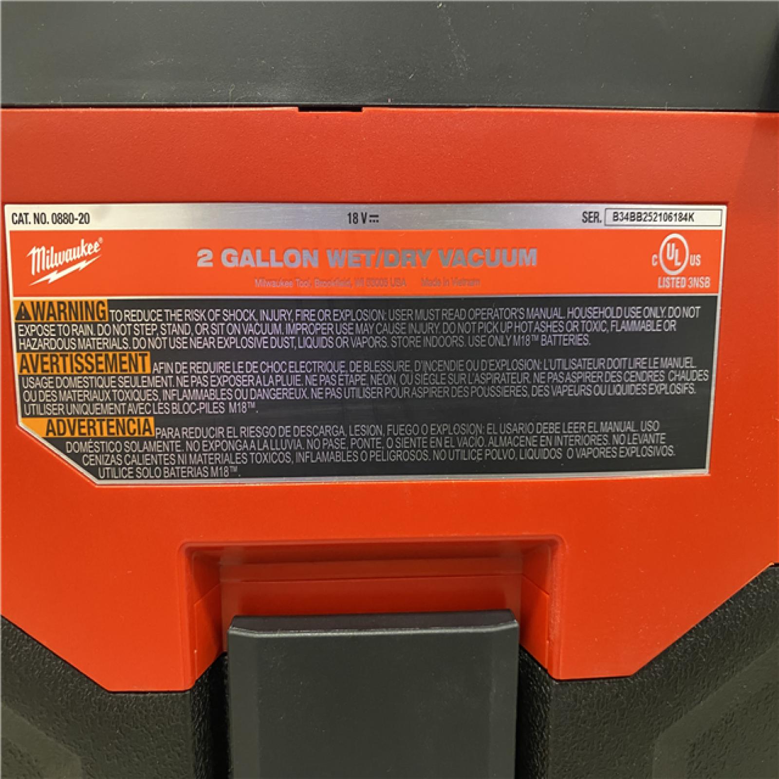 AS-IS Milwaukee 18-Volt 2 Gal. Lithium-Ion Cordless Wet/Dry Vacuum (Vacuum-Only)