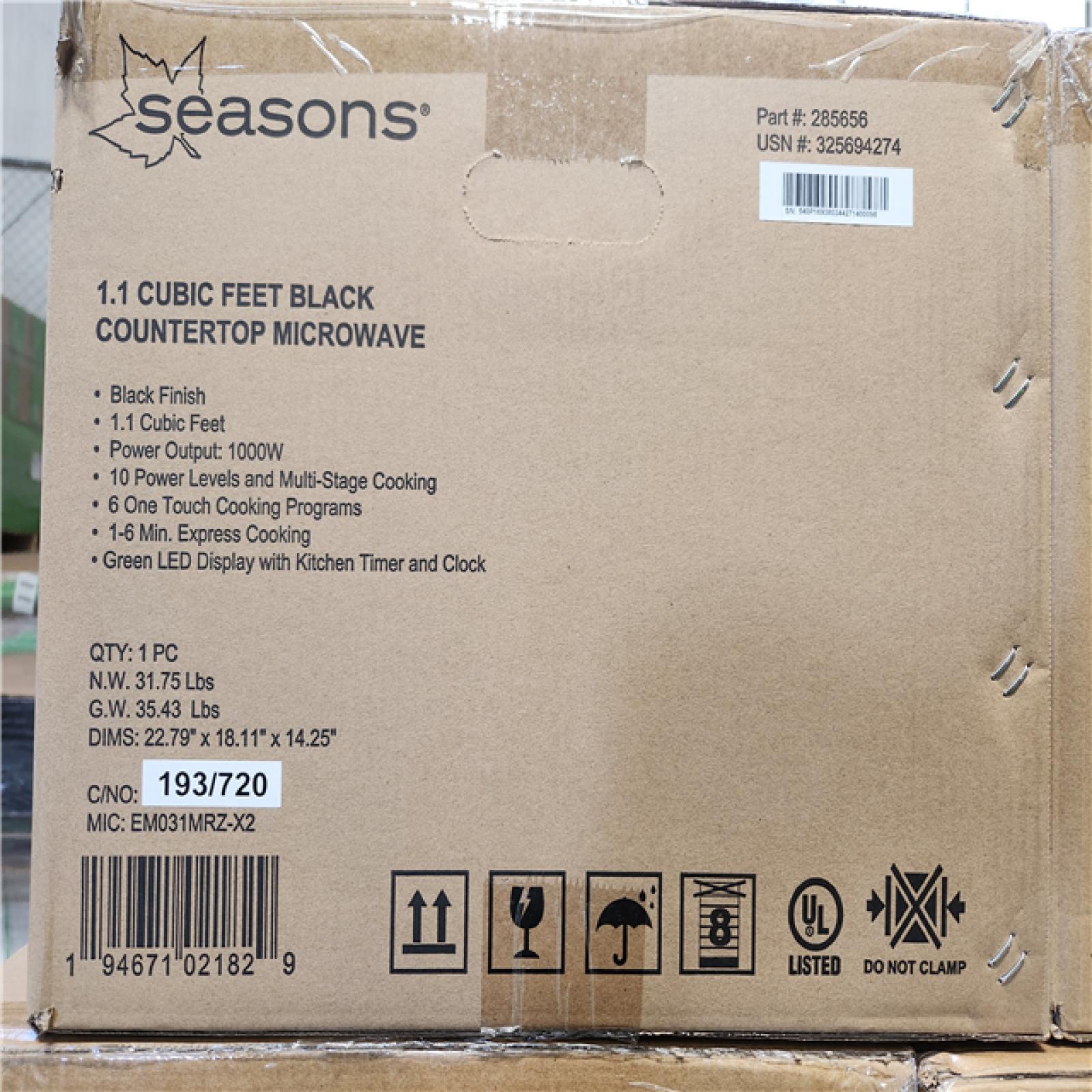 Phoenix Location NEW Seasons 1.1 Cubic Feet Black Countertop Microwave Pallet (30-Cases) (Sealed)