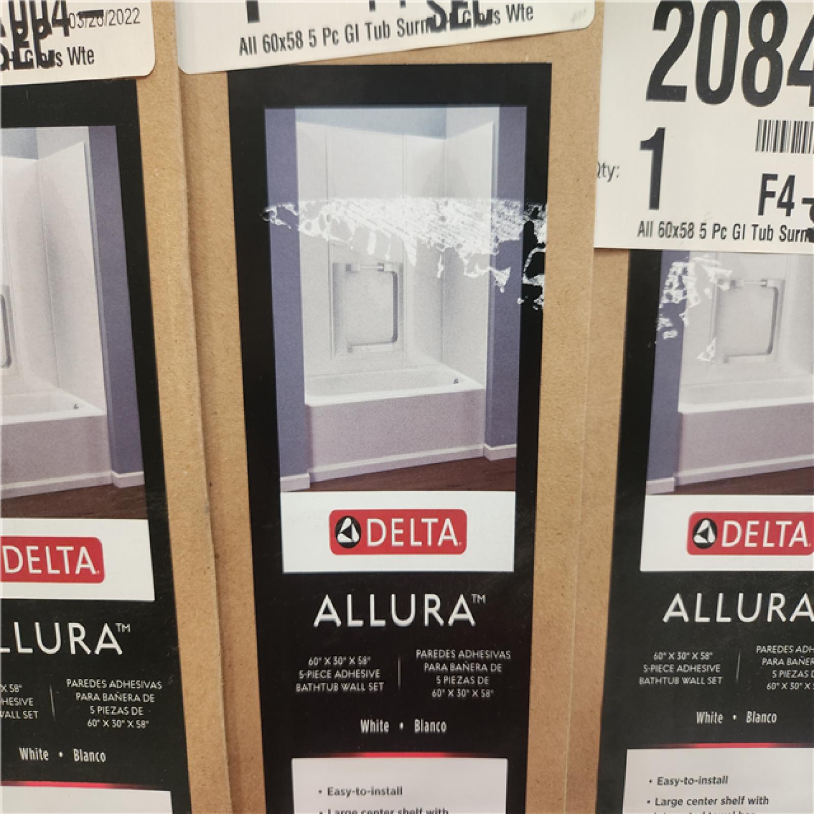 Phoenix Location NEW Delta Allura 60 in. W x 58 in. H Five Piece Glue Up Bathtub Surrounds in High Gloss White Pallet (20 Total)