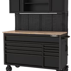 DALLAS LOCATION- AS-IS HUSKY 56 in. W x 27.6 in. D 10-Drawer Mobile Workbench Cabinet with Wood Top  Pegboard and Top Cabinets MATTE BLACK/WOODTOP