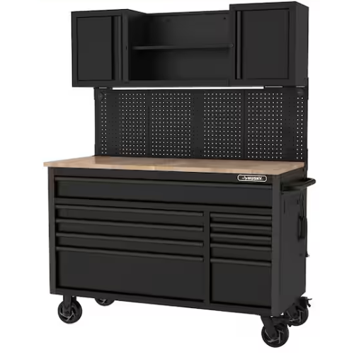 DALLAS LOCATION- AS-IS HUSKY 56 in. W x 27.6 in. D 10-Drawer Mobile Workbench Cabinet with Wood Top  Pegboard and Top Cabinets MATTE BLACK/WOODTOP