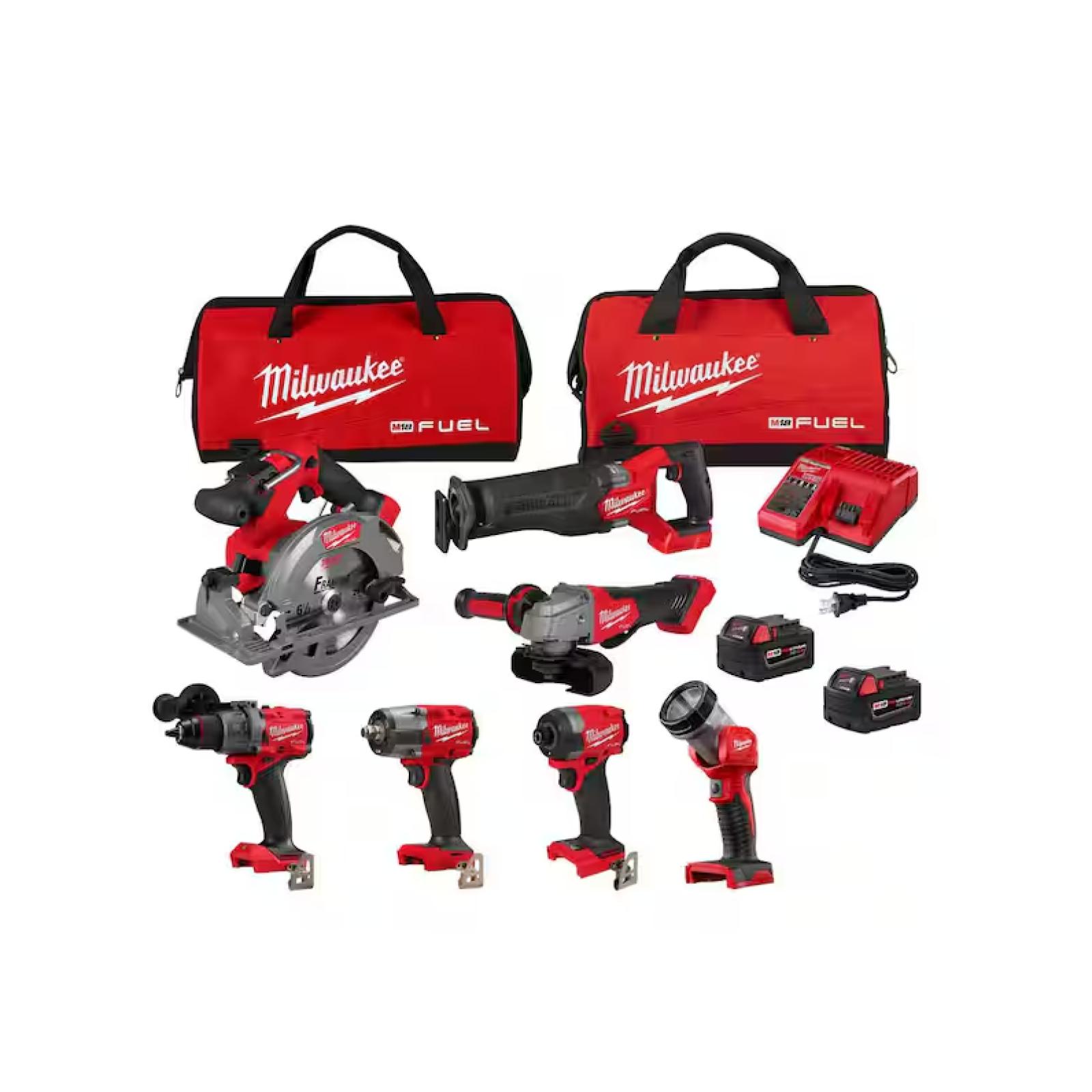 NEW! - Milwaukee M18 FUEL 18V Lithium-Ion Brushless Cordless Combo Kit with Two 5.0 Ah Batteries  1 Charger  2 Tool Bags (7-Tool)