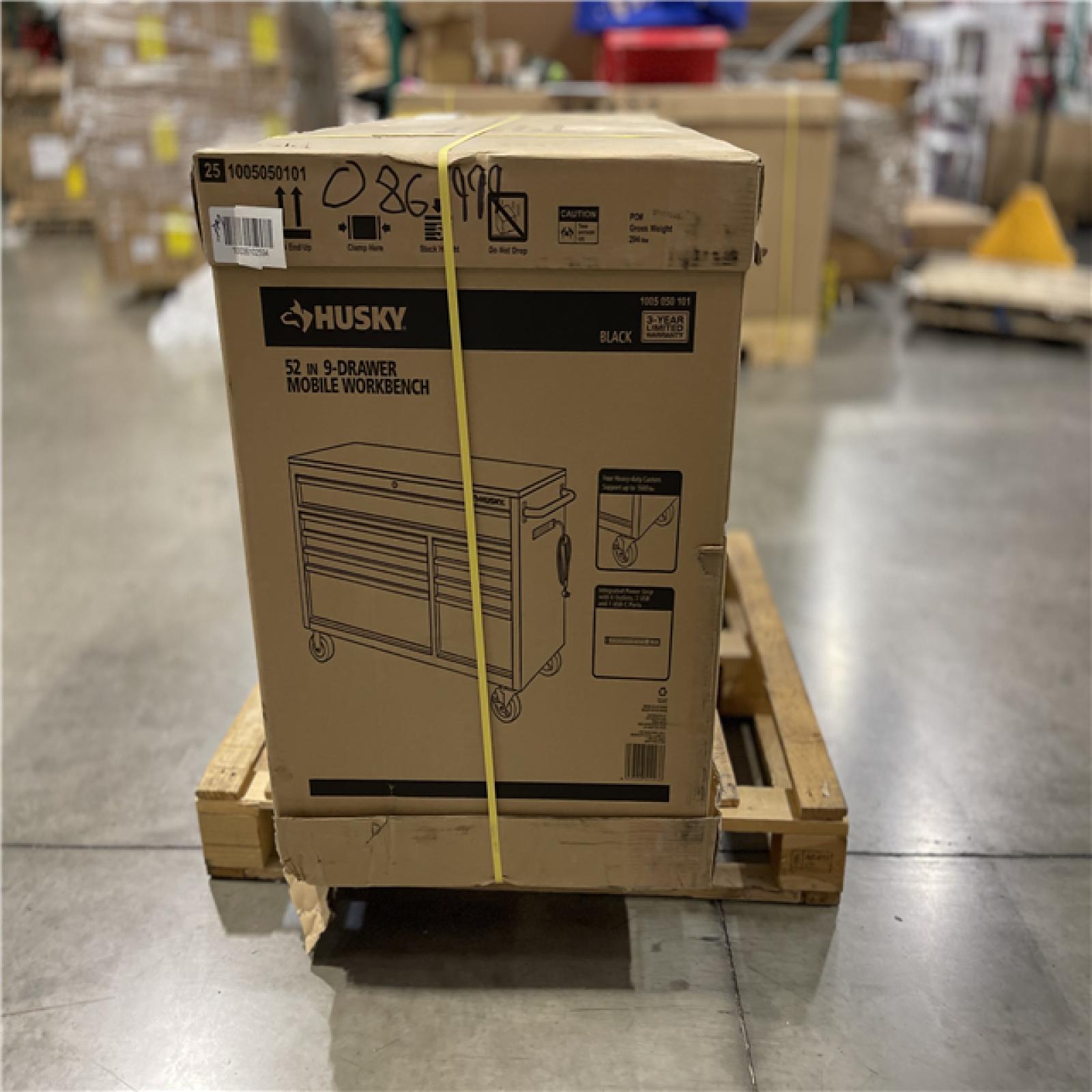 DALLAS LOCATION - Husky 52 in. W x 25 in. D Standard Duty 9-Drawer Mobile Workbench Tool Chest with Solid Wood Top in Gloss Black