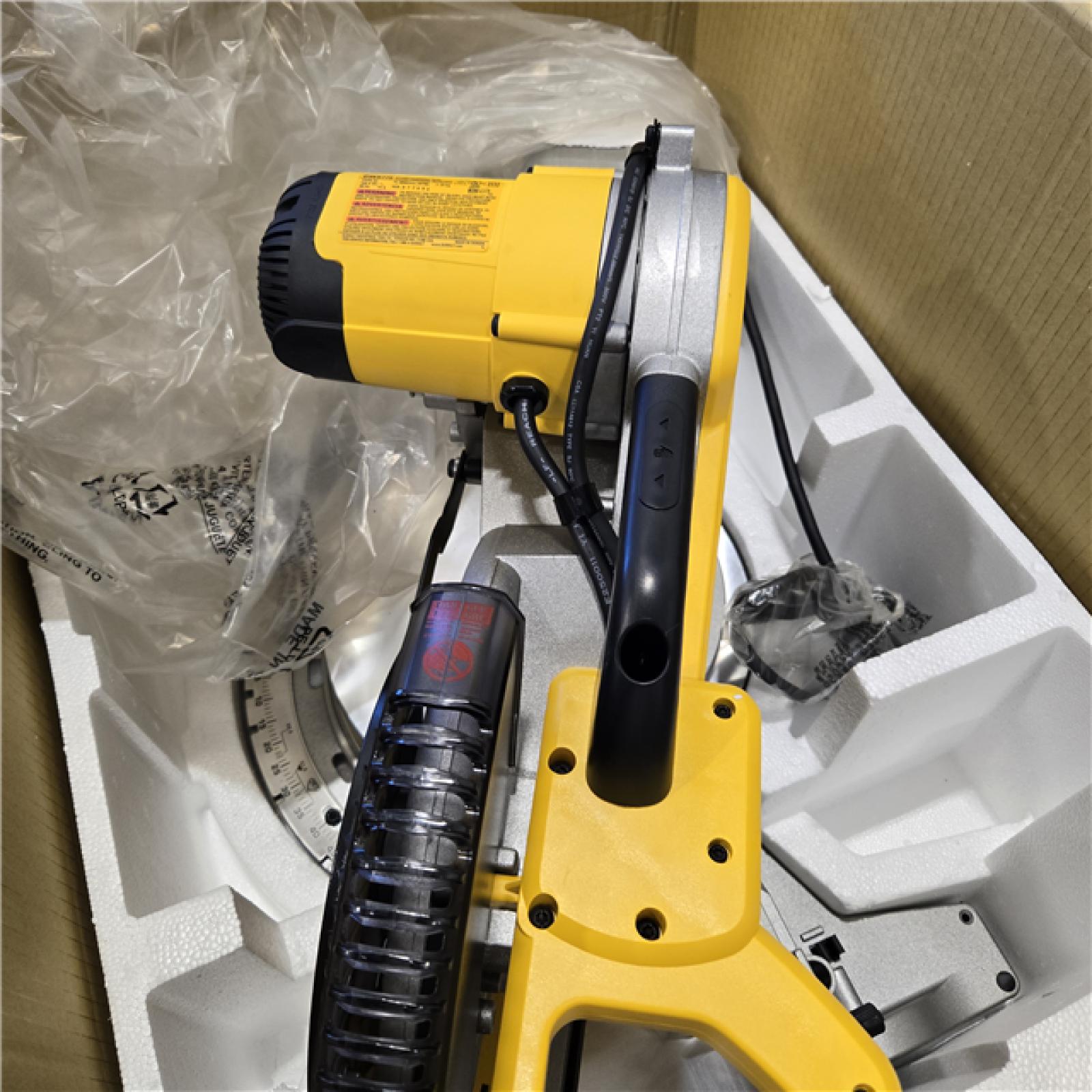 AS-IS  DEWALT 15 Amp Corded 12 in. Double Bevel Sliding Compound Miter Saw, Blade Wrench and Material Clamp